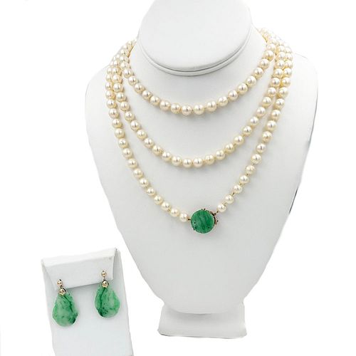 14K Gold Jade Earrings and 7.5mm Pearl Necklace