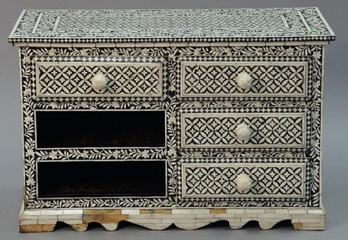 Inlaid chest with four drawers and two shelves. ht. 24in., wd. 38in., dp. 18in.
