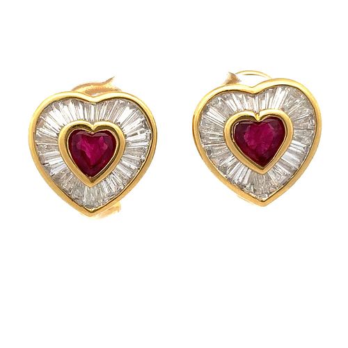 18K Gold Ruby and Diamond Heart Shape Earrings