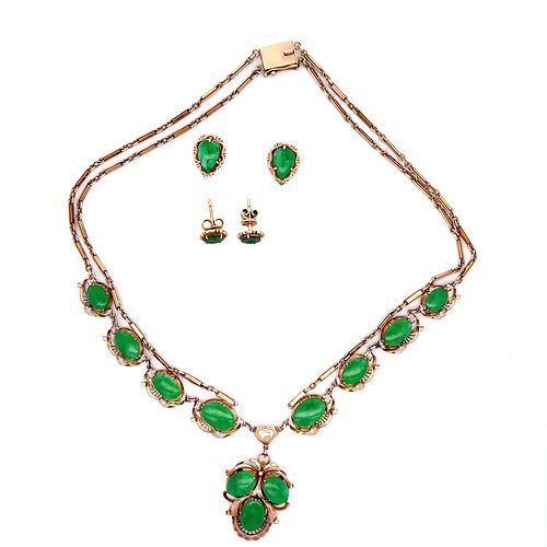 14K Gold Jade Necklace and two pairs of Earrings