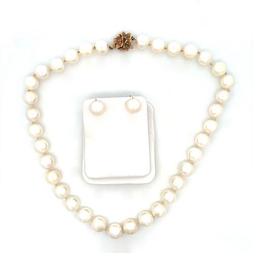 10mm Akoya Pearl Necklace and Earrings, 14K