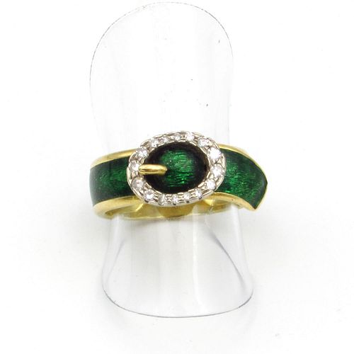 18K Gold Green Enamel & Diamond Buckle Ring