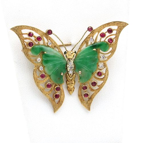 14K Jade & Ruby Butterfly Brooch / Pin