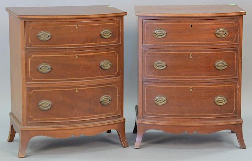 Pair of Biggs three drawer diminutive small chests, mahogany with line inlays. ht. 28in., wd. 22in.