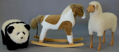 Three large ride on stuffed animals including sheep with wood legs (ht. 33in.), rocking horse and a panda (ht. 17in.), and a 