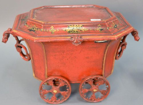 English tole coal hod or scuttle, sarcophagus shaped red ground with gilded decoration, 19th century. ht. 13in., lg. 22in.
