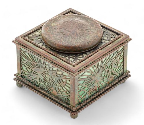 Tiffany Studios (American, 1878-1938) Bronze Pine Needle And Favrile Glass Inkwell, #844, Ca. 1910, H 3.5" W 4"