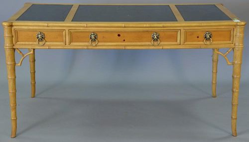 Baker faux bamboo desk with green leather top. ht. 30in., top: 30" x 59".