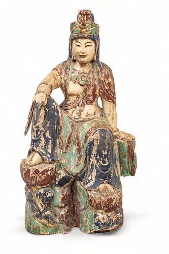 Chinese Polychromed Carved Wood Seated Sculpture of Guanyin, H 51.5" W 26" Depth 23"