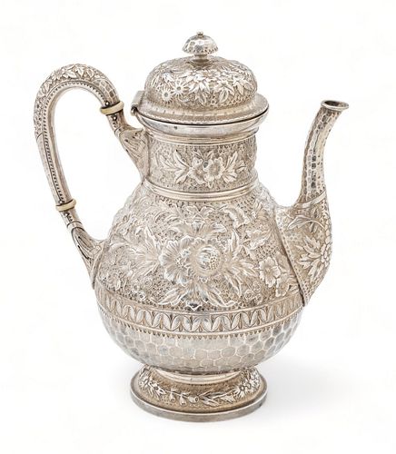 R.A. Durgin (American) Sterling Silver Covered Coffeepot, Chased Design, H 10.5" W 5.25" L 8.5" 36.65t oz