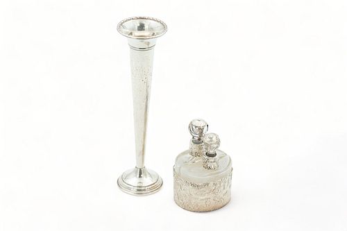 German Crystal Cologne Bottles, Silver Frame & Sterling Bud Vase H 4" 2 pcs