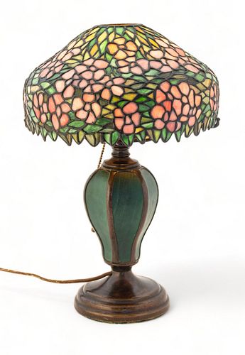 Handel Lamp Company (American, 1885-1936) Leaded Glass Table Lamp on Rare Base "Pink Dogwood", H 17.75" Dia. 12"
