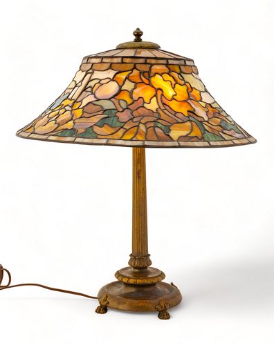 Duffner & Kimberly (American (Est. 1905)) Art Glass Table Lamp Ca. 1910-1930, "German Renaissance", H 24" Dia. 21"