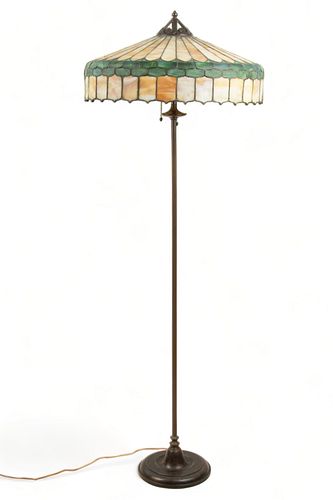 Handel Lamp Company (American (1885-1936)) Leaded Glass Shade on Floor Lamp Base Ca. 1910, H 61" Dia. 22.25"