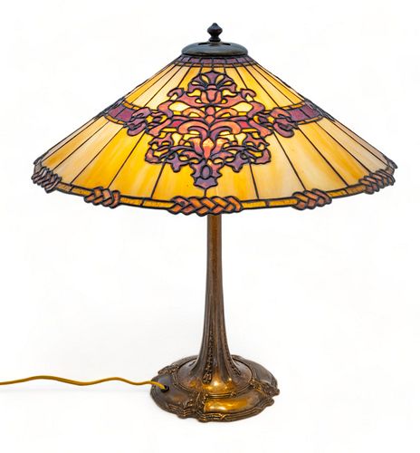 Duffner & Kimberly Co. (American (Est. 1905)) Leaded Glass Table Lamp Ca. 1910, "Russian", H 23" Dia. 22"