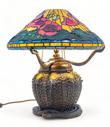 American Art Glass Table Lamp on Snake Basket Base  Late 20th C., "Poppy", H 18" Dia. 17"