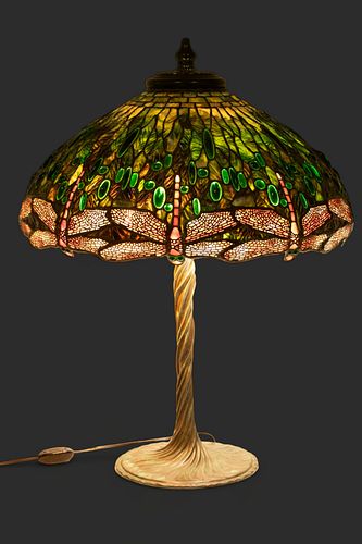 Tiffany Style Art Glass Table Lamp Late 20th C., "Dragonfly", H 29" Dia. 22"