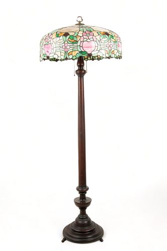American Leaded Art Glass Floor Lamp, 20th C., "Peach Blossom", H 70" Dia. 25"