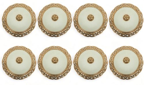 French Style Frosted Glass & Gold Patinated Ceiling Lights in Frames, 20th C., Depth 8" Dia. 16"