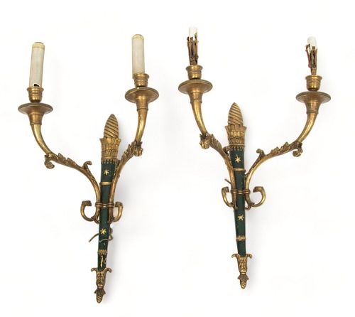 French Empire Style Bronze Two-Light Sconces, 20th C., H 15" W 12" Depth 7" 1 Pair