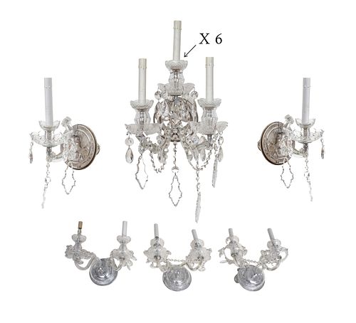 French Style Crystal, Glass & Metal Electrified Sconces, Ca. 20th C., H 26" W 12" Depth 8" 18 pcs