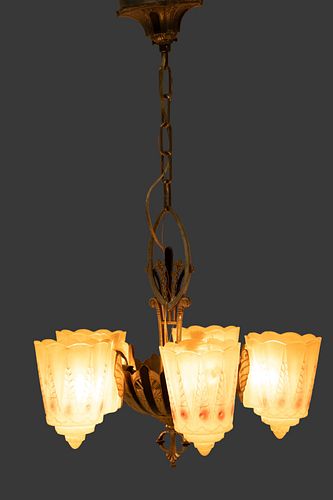 Chandelier, 5 Amber Glass Lights And Aluminum Ca. 1930, H 17" W 16"