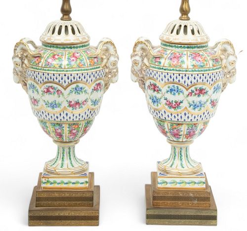 Saxon Porcelain Manufactory (Dresden) Painted Urns, Converted to Lamps, Ca. 1900, H 33" W 6" L 9" 1 Pair