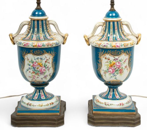 French Sevres Style Painted Porcelain Urns, Converted to Lamps, Ca. 1930, H 33" W 8.5" L 10" 1 Pair
