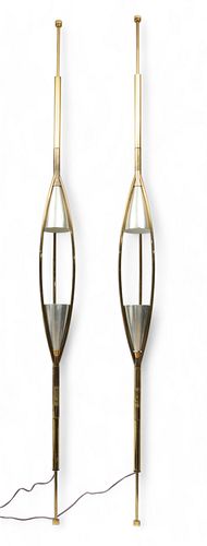 Stiffel (American (Est.1932)) Mid-Century Modern Brass Plated Tension Pole Lamps with Planters Ca. 1957, H 106" Dia. 7" 1 Pair