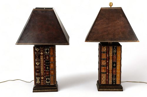 Maitland-Smith (British) Tooled Leather Library Style Table Lamps, H 29" W 16" Depth 16" 1 Pair
