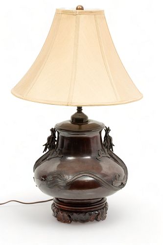 Japanese Bronze Lamp, Converted from Oil, Ca. Early 20th C., H 12" Dia. 12.5"
