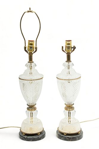 Pair of French Cut Crystal & Brass Lamps, 20th C., H 26" Dia. 5"