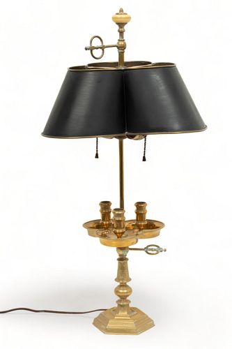 Brass Candlestick Style Lamp, Tole Shade, H 30" Dia. 15"