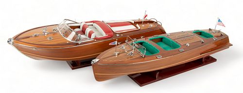 Chris-Craft (American) Wood & Mixed Media Scale Speedboat Models, 20th C., L 32" And 34" 2 pcs