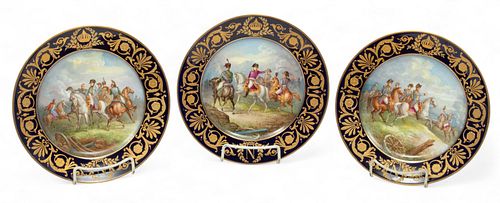 Sevres (French) Painted Porcelain Plates, Napoleonic Scenes, 19th C., Dia. 9.5" 3 pcs