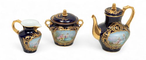 French Painted Porcelain Tea Set, Raised Gilding, Ca. 1900, H 6.25" W 4.5" L 6" 3 pcs