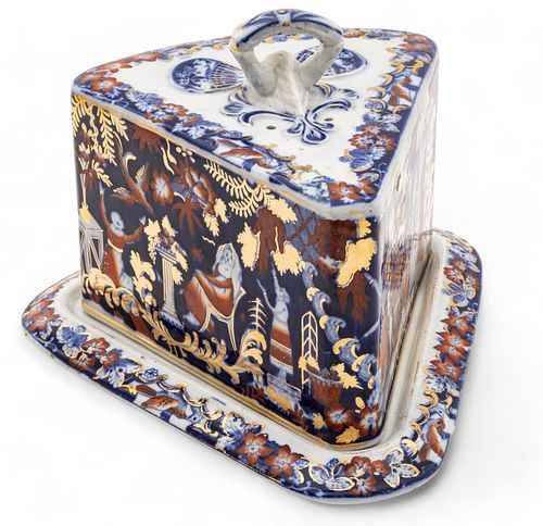Ironstone Cheese Keeper on Tray, Cobalt Blue And Orange with Gilt, Ca. 1850, H 8" W 10" L 11"