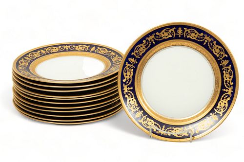 Theodore Haviland (New York) Limoges Porcelain Plates, Cobalt Band & Fired Gold, Ca. 1900, Dia. 10" 12 pcs