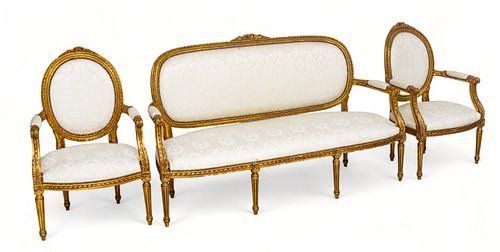 French Louis XVI Style Giltwood Parlor Set, Cream Brocade Upholstery, Ca. 1900, H 40" W 66" Depth 24" 3 pcs