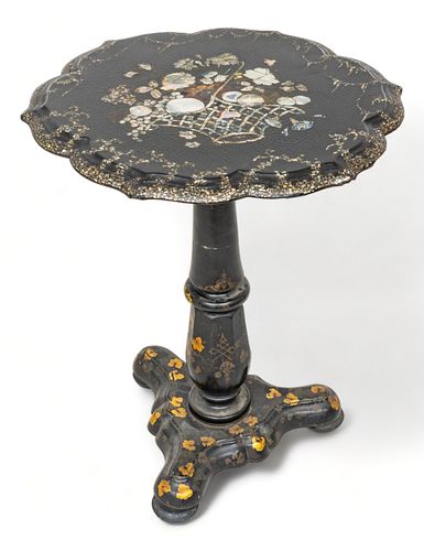 Black Lacquered Wood & Mother of Pearl Tilt-top Table, Ca. 19th C., H 28" Dia. 23"