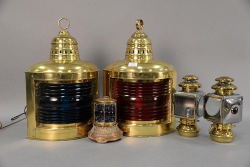 Five brass lanterns to include a pair of Perko ship's lanterns electrified, small E & J lanterns, and a small light in the fo