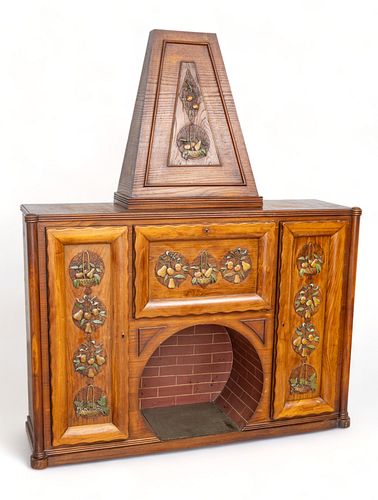 Carved Walnut Fireplace Style Cabinet, Fruit & Leaf Motif, Ca. 1940, H 79" W 64" Depth 18" 2 pcs