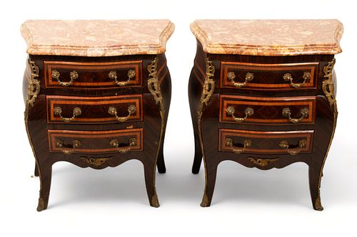 French Marquetry Console Side Tables with Marble Tops 20th C., H 26" W 22" Depth 13"