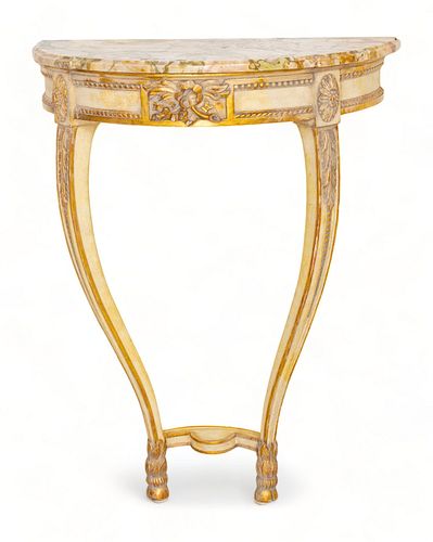 Italian Provencial Style Demi Lune Console Table with Marble Top, 20th C., H 31" W 22" Depth 12"