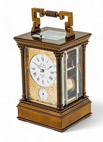 L' Epee (Sainte Locavore, France) Brass Pillar Case Carriage Clock with Repeater And Alarm Dial Ca. 1900, H 6" W 4"