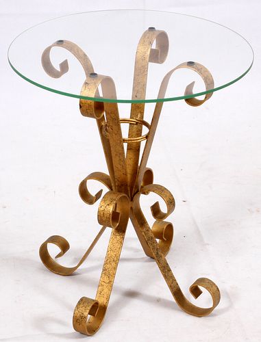 GLASS AND IRON  SIDE TABLE, H 18" DIA 16"