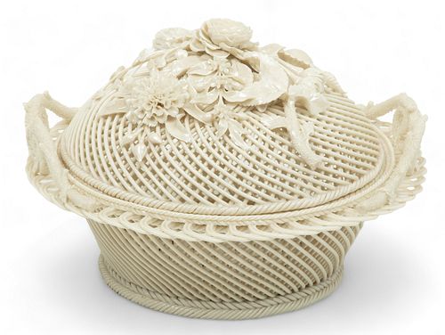 Belleek (Irish) Four-strand Porcelain Covered Basket, 1863-1890, H 7.25" Dia. 9.5"