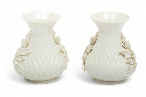 Belleek (Irish) Porcelain Vases, Pineapple Motif with Thistle, Ca. 1930, H 5.25" Dia. 4.5" 1 Pair