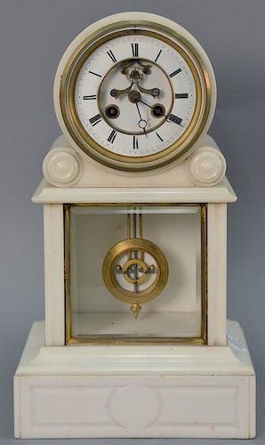 Alabaster mantel clock with porcelain brass dial. ht. 16in., wd. 9in.