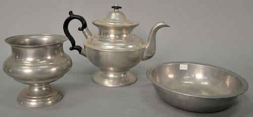 Three piece lot of pewter to include Boardman Hart teapot marked Boardman & Hart N. York, a basin, and a waste bowl. 
teapot: